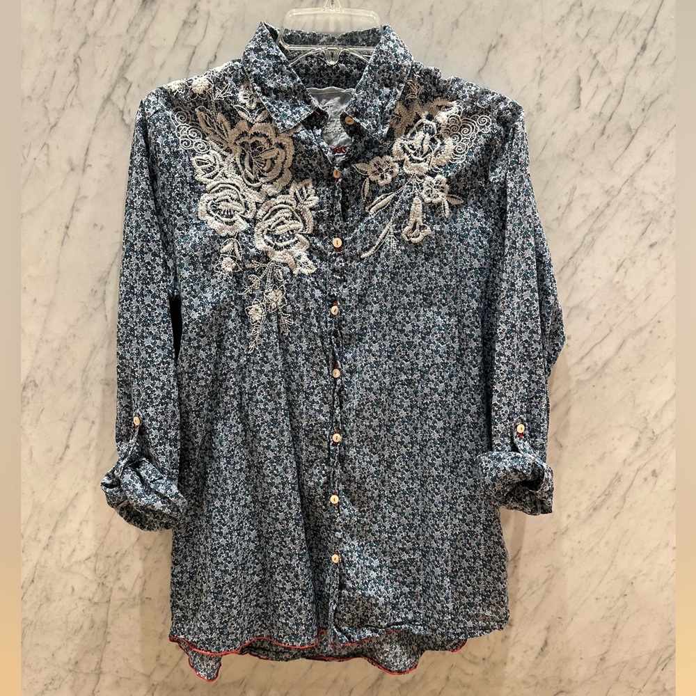 Johnny Was 3J Blue Floral With White Embroidery Shirt